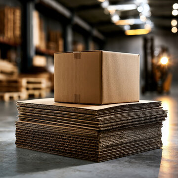 Cardboard shipping box on stack of flat corrugated cardboard sheets in warehouse