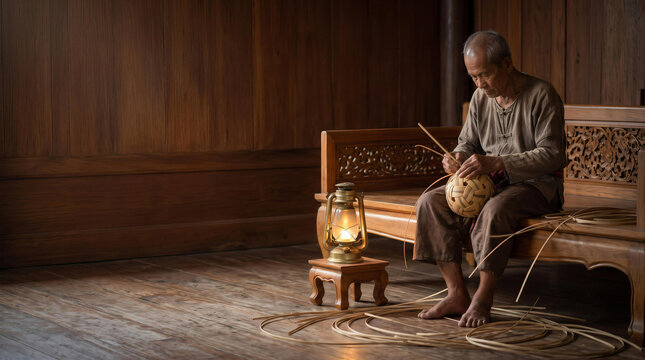 Senior Asian craftsman weaving traditional rattan takraw ball on carved wooden bench by oil lamp