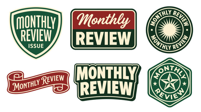This image showcases a variety of logo designs for a monthly review publication, emphasizing professionalism and academic integrity through distinct styles.