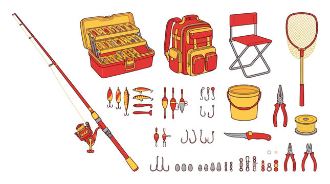 Rods, Tackle, and Gear for Anglers in a Vibrant, Illustrated Style