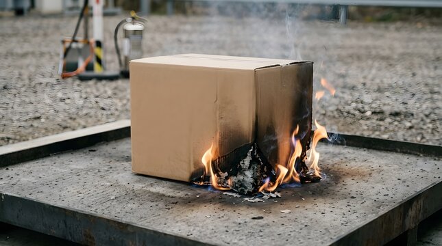 Cardboard box engulfed in flames on a metal plate, suggesting a dangerous fire hazard or test