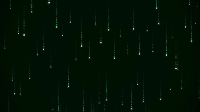 digital rain of green binary code falling, data stream simulation, abstract technology background