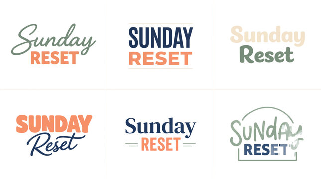 This collection features stylish Sunday reset logo designs, conveying a sense of relaxation and rejuvenation with modern typography and soothing colors for a refreshing feel.