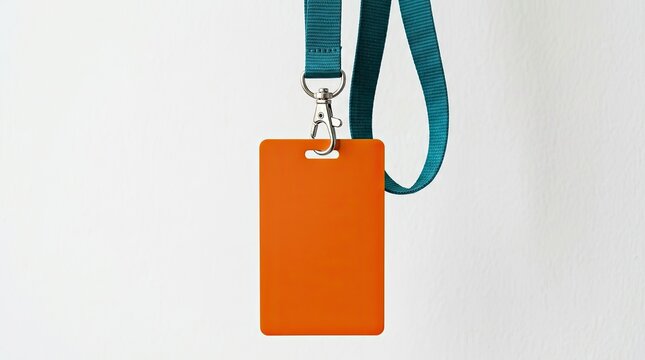 Blank orange identity badge with blue lanyard