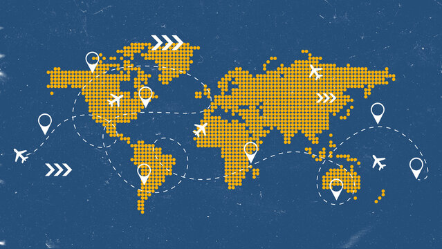Exploring different travel routes around the world with a map showing various flight paths and travel destinations