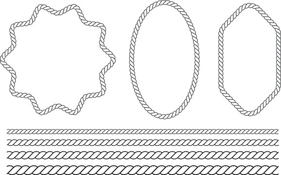 Set of hand drawn rope frames and borders featuring circular and oval shapes for nautical themed design projects