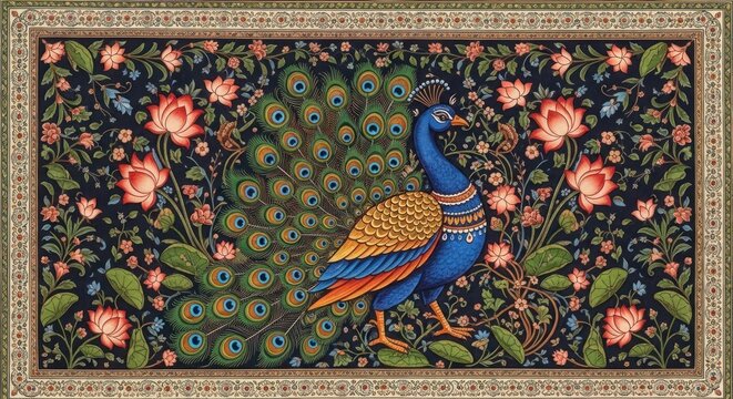Exquisite Peacock Amidst Floral Splendor in Traditional Indian Art.