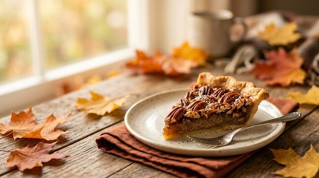 Slice of pecan pie on plate with autumn leaves and coffee