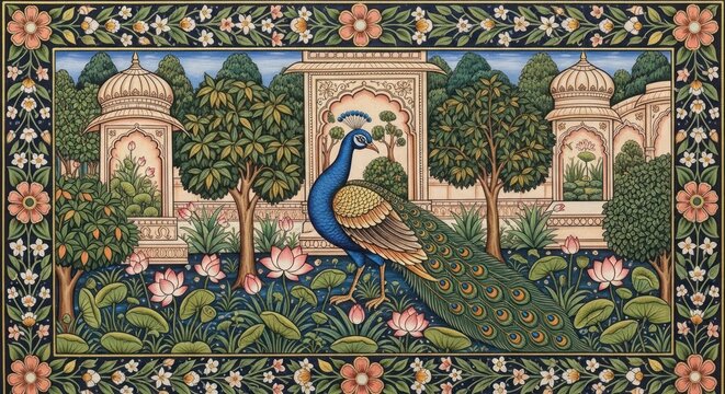 Exquisite Peacock Amidst Mughal Garden Architecture and Flora.