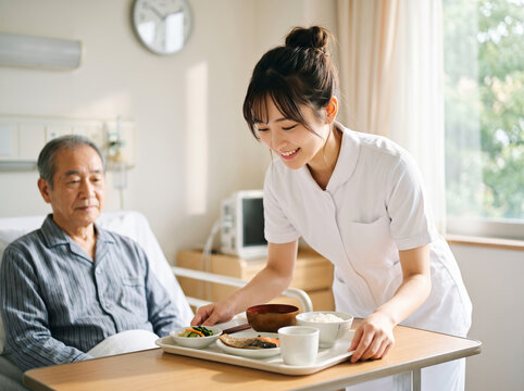 病室のベッドにて食事の配膳を行なう笑顔の看護師
