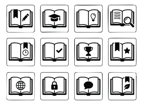Flat icon set of 12 open book symbols featuring education, knowledge and learning concepts for academic design
