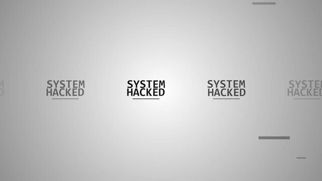 digital glitch effect with repeating 'system hacked' text on a striped background, cybersecurity threat alert, cybercrime warning
