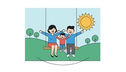 Fototapeta premium Happy family of mother, father, and young son swinging high on a wooden swing in a park under a bright yellow sun.