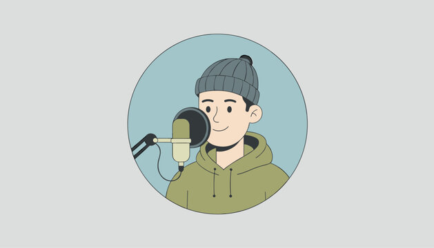Cheerful young man wearing a grey beanie and olive hoodie records a podcast episode into a professional microphone.