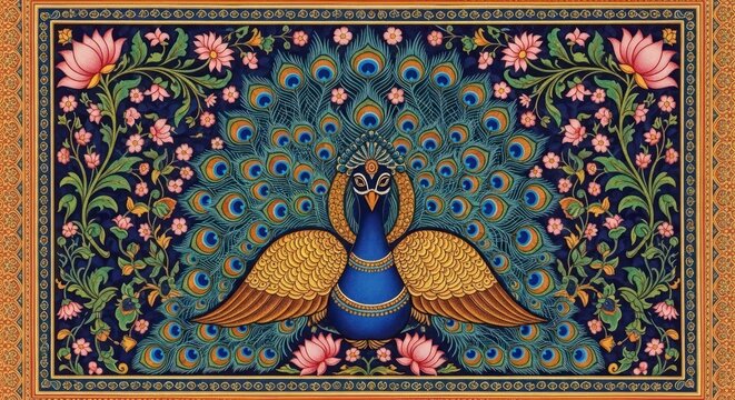 Exquisite Peacock Art with Floral Motifs and Intricate Patterns.