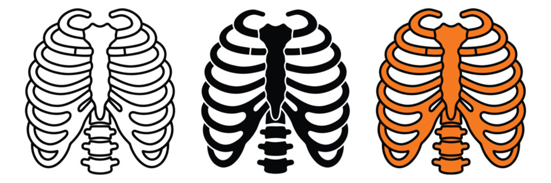 Outline and silhouette icon set of 3 human rib cage variations featuring flat orange and black anatomy styles for medical design