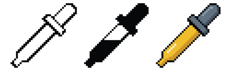 Fototapeta premium Pixel art icon set of 3 dropper pipette variations featuring outline, silhouette and colored styles for game and ui design