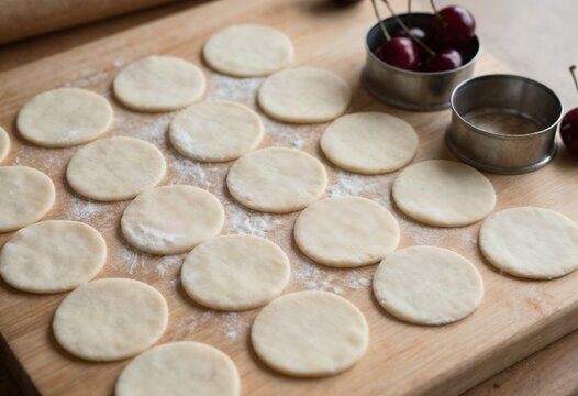 Preparing homemade cherry dumplings dough circles on a wooden board