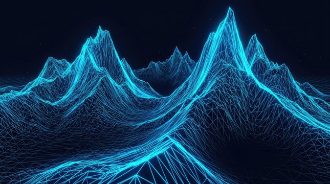 Blue digital wireframe mountains on dark background