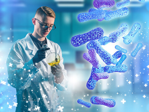 Microbiology Laboratory. Scientist studies bifidobacteria cultures and analyzes probiotic microorganisms in a biomedical research laboratory for healthcare and biotechnology applications.