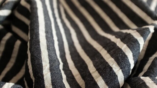 Dark navy blue and white striped linen fabric. Ideal for summer fashion promos, textile industry presentations, coastal interior decor themes, sewing and tailoring business, textile stores.