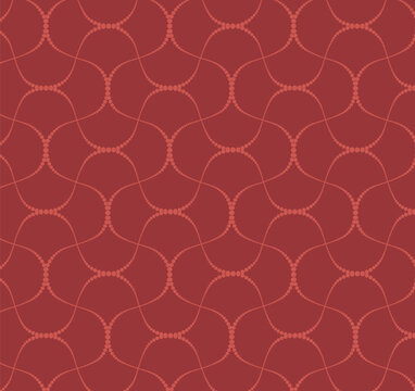 Seamless vector pattern of delicate dotted wavy lines forming an abstract geometric mesh on a red background. Elegant tile for textile and wallpaper.