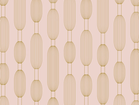 Pattern with elegant art deco oval geometric chain motifs in beige and yellow line art style. Minimalist background for wallpaper and fabric.