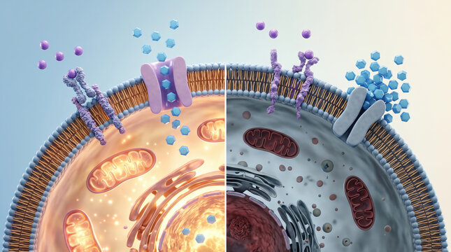Insulin interacts with sensitive cell receptors to regulate glucose while insulin resistant cell shows impaired response causing metabolic imbalance in cell membrane environment