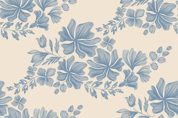 Fototapeta premium Vintage floral ethnic tapestry modern embroidery texture boho design vector illustration hand drawn silhouette indigo blue flower motif branches leaves wallpaper seamless background border.