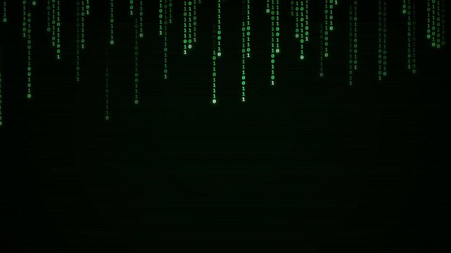 digital rain of green glowing squares and lines on a dark background, data stream effect, technology concept