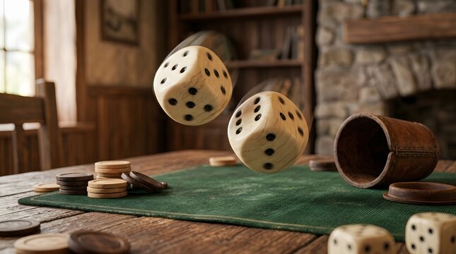 Close-up of dice rolling on a green felt game table with wooden tokens and a cup, creating a sense of chance and entertainment