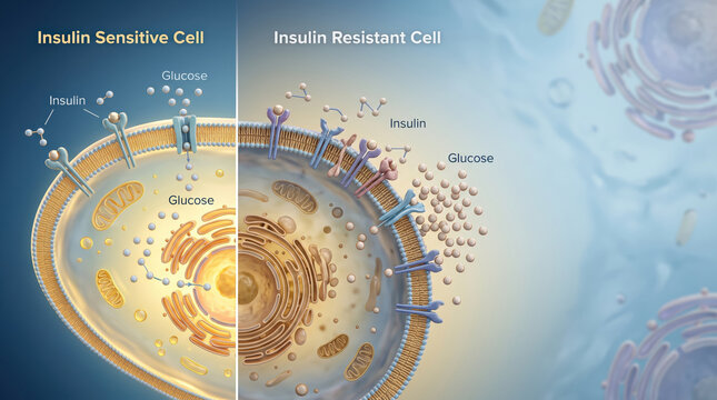 Insulin sensitive cell allows glucose to enter efficiently while insulin resistant cell blocks glucose entry causing imbalance in cell function and energy production