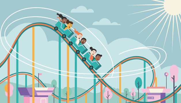 Thrilling roller coaster ride with diverse people screaming with excitement on a steep drop in an amusement park.