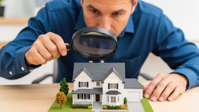 Man examining house model with magnifying glass.