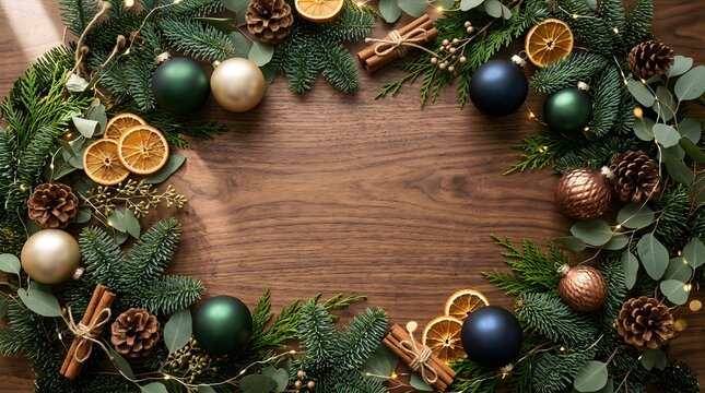 Christmas wreath flat lay on wood. Festive holiday border with ornaments and pine.