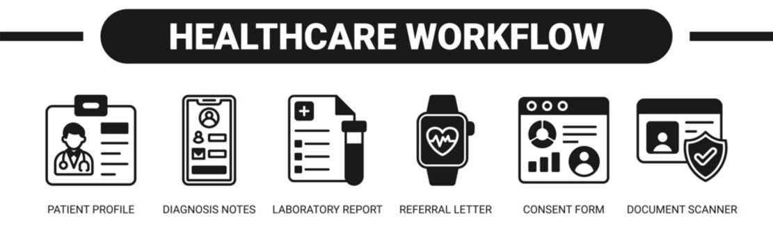 Healthcare Workflow web banner icon vector illustration concept with icons of patient profile, diagnosis notes, laboratory report, referral letter, consent form, and document scanner.