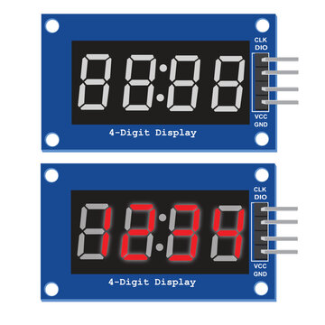 High-quality flat vector illustration of a TM1637 4-digit 7-segment LED display module commonly used in Arduino, ESP32, ESP8266, Raspberry Pi, and other microcontroller projects.