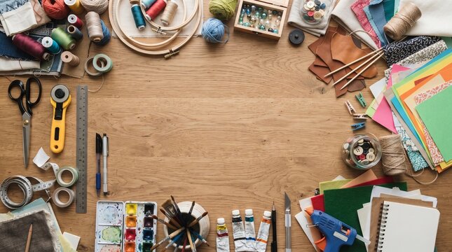 Creative Crafting Supplies Arranged on a Wooden Table Top View