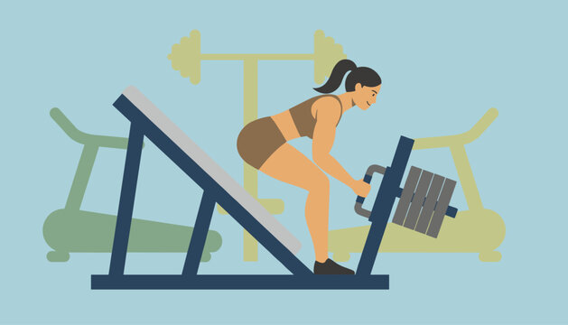 Athletic woman in brown activewear focused on lifting weights using a hack squat machine inside a modern fitness gym.