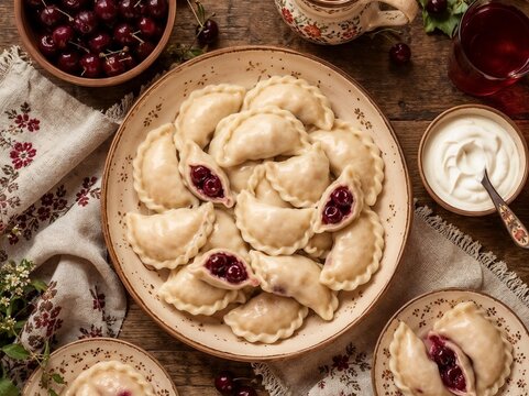 Delicious cherry dumplings served with sour cream and fresh fruit