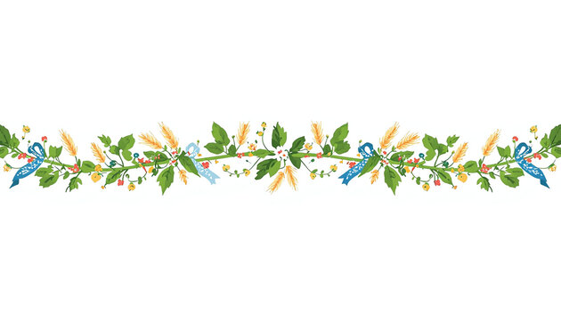 Hand-drawn watercolor floral border with blue birds and green leaves on white background for spring or wedding design