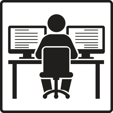 Simple black icon of a person working at a desk with two computer monitors.