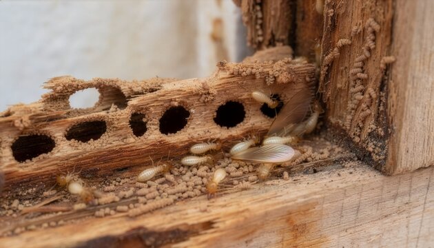 Extreme close-up termite-infested door frame with visible tunnels and decay patterns.