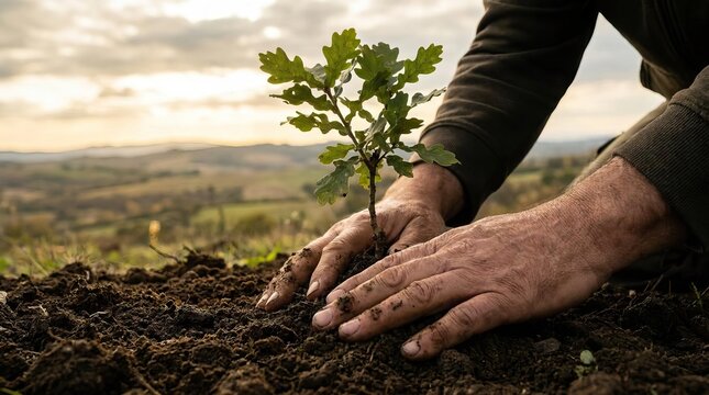 Hands planting a small oak tree sapling in soil.