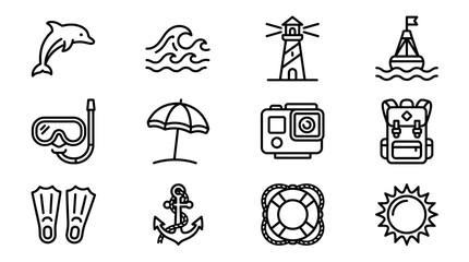 Summer Vacation Icons: Dolphin, Waves, Lighthouse, Buoy, Snorkel, Umbrella, Camera, Backpack, Fins, Anchor, Lifebuoy, Sun © 50mas