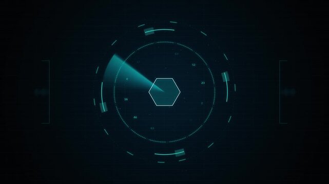 Futuristic digital radar display scanning a geometric target, data analysis interface, cyber security and technology concept