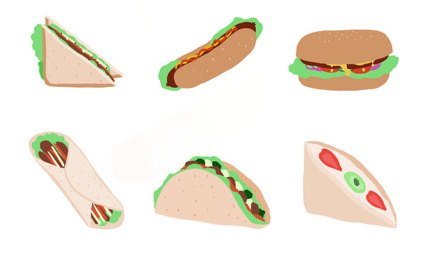 hand-drawn sandwich set. illustration of sandwiches, hotdogs, burgers, kebabs, tacos, sando for food and baverage business
