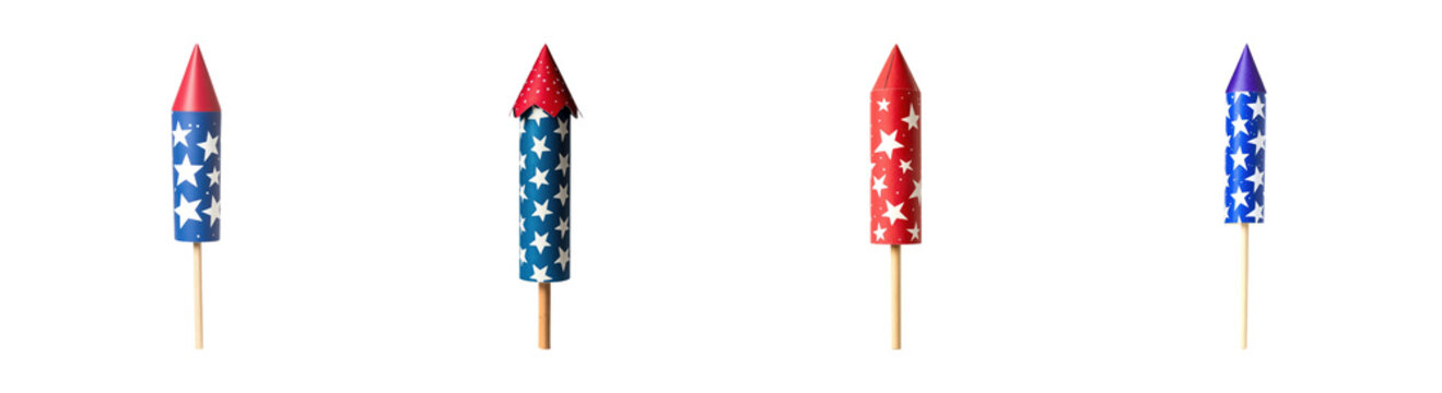 PNG Colorful star-patterned fireworks rockets in a row, transparent background
