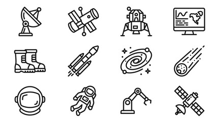Space Exploration Icons: Rocket, Astronaut, Satellite, Moon Lander, Telescope, Galaxy © 50mas