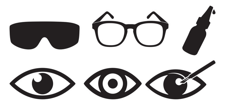 Eye Examination and Vision Care Icons Set, Glasses, Eye Drop, Eye Test Vector